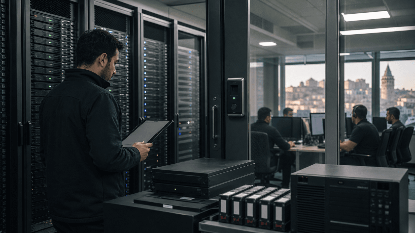 A technician reviews backup and server-room equipment in a Turkish operations room, illustrating Bizim Bulut local-cloud continuity.