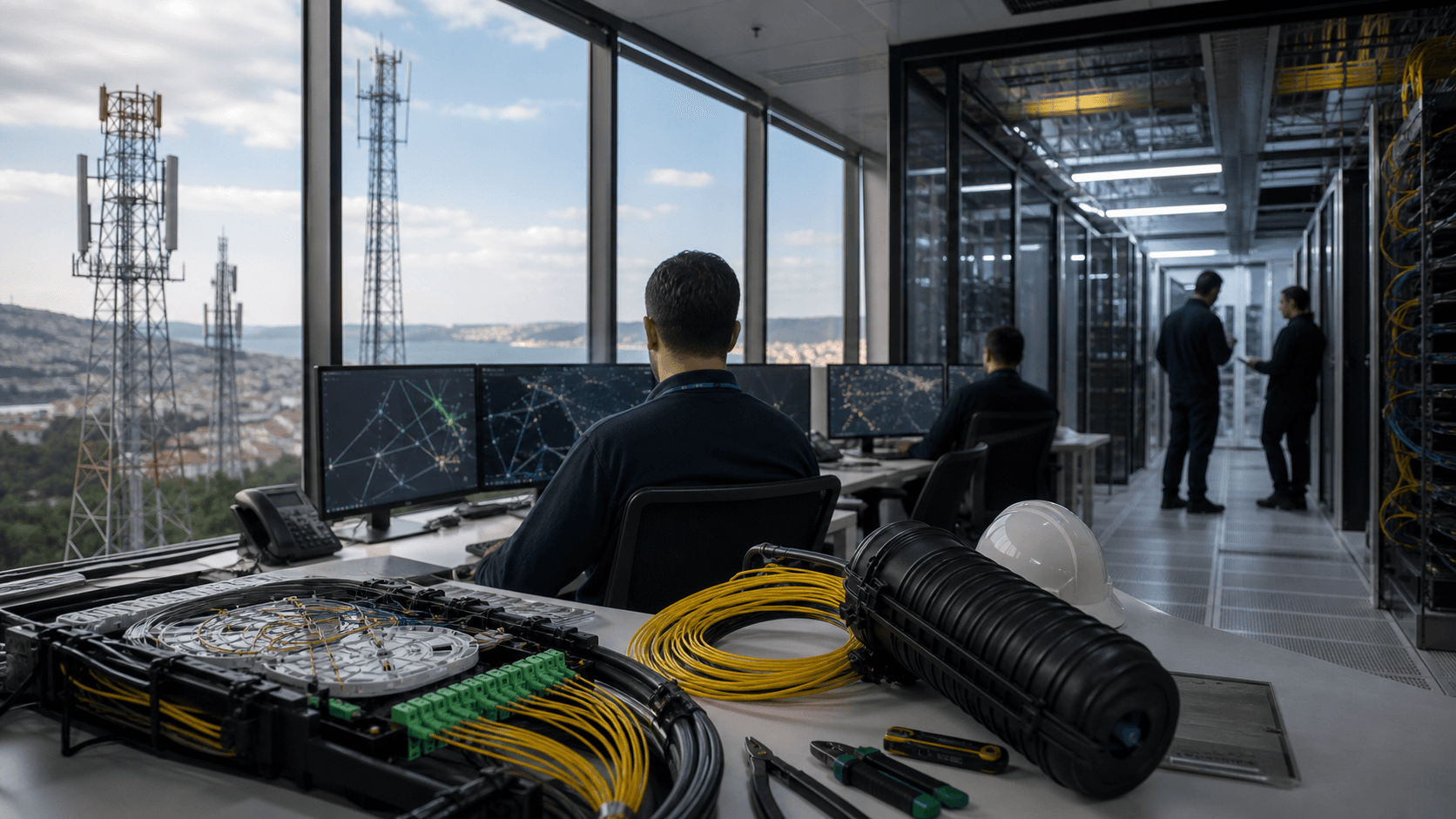 Telecom engineers, fiber equipment, server-room cues and tower silhouettes illustrate Turkcell national network operations.