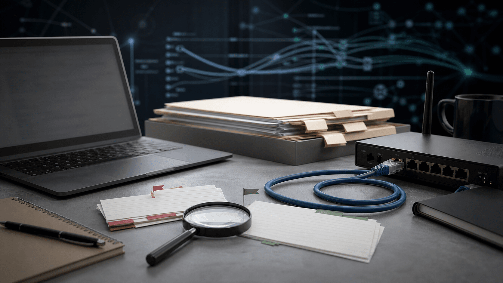 Editorial image of network records, file tabs, router and evidence sorting for Gateway Pipeline Inc.