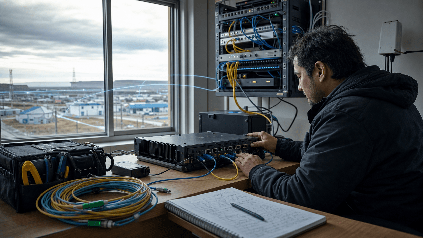 Editorial image of a regional ISP operations desk and network rack for Carrasco Leonardo Javier Netlink.