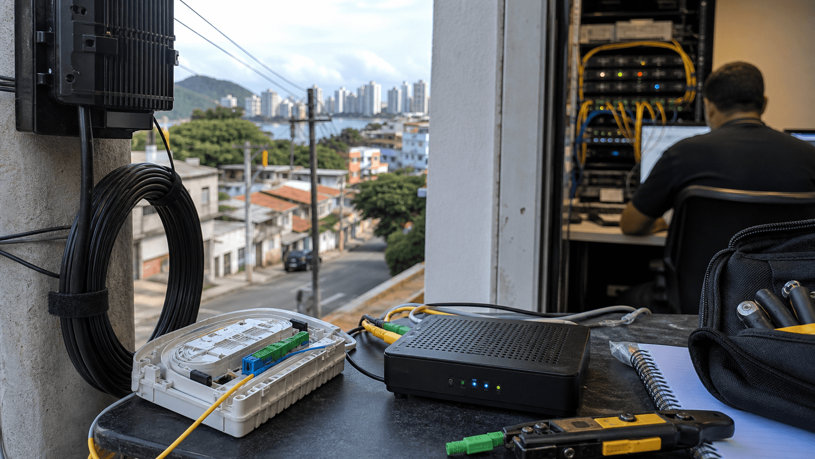Editorial image of Brazilian regional fiber ISP equipment and local network operations for Giganetlink.