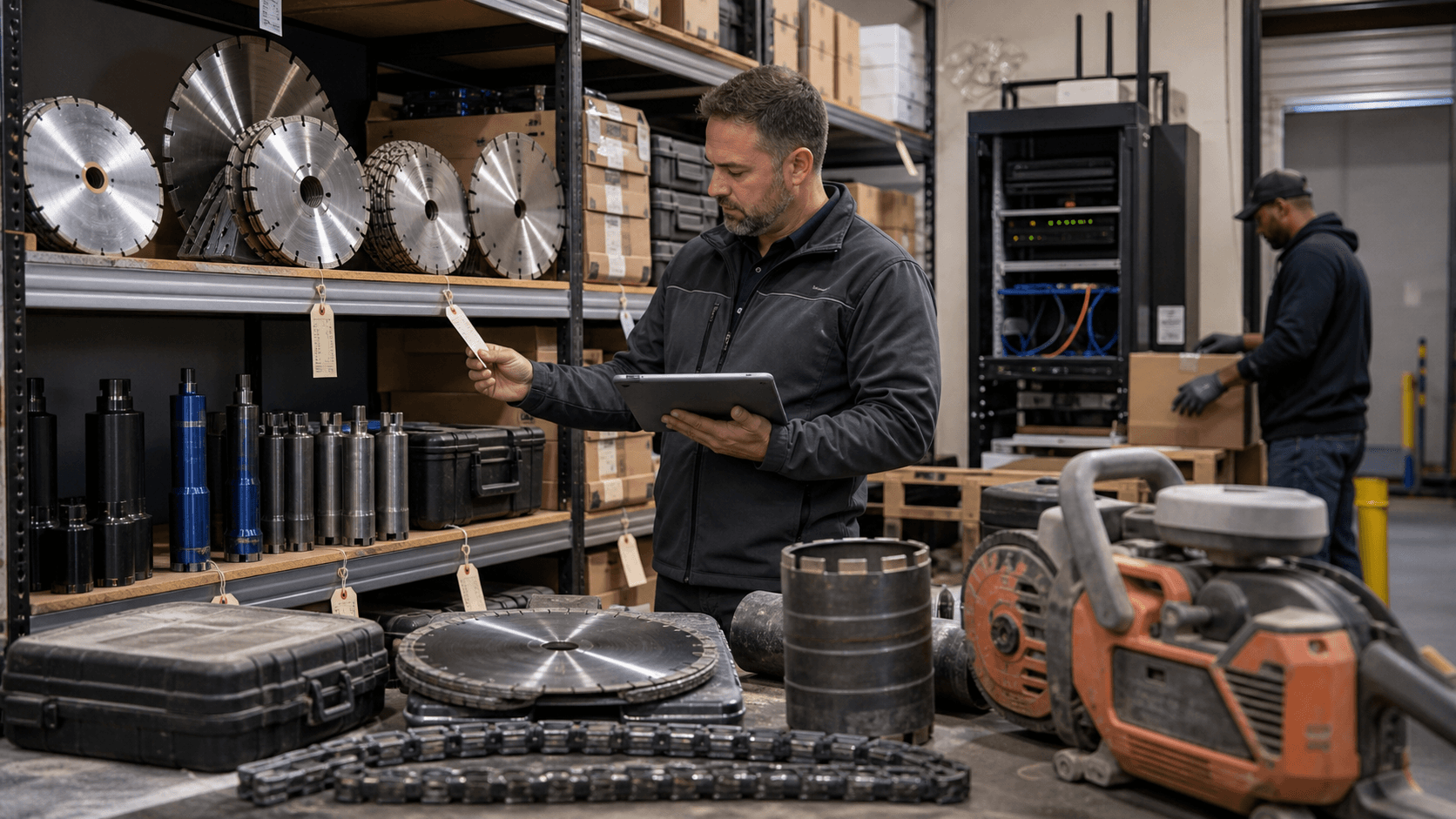 Editorial image of industrial cutting-tool inventory control and warehouse record reconciliation for ACC-Diamond Blade Warehouse.