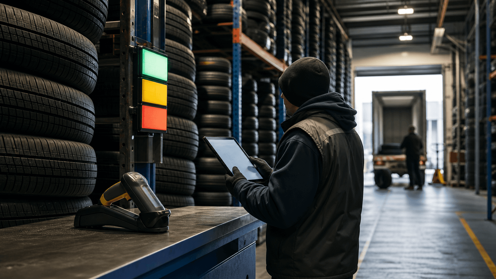 Editorial image of tire warehouse inventory control, scanner and loading-dock workflow for Tires Warehouse Inc.