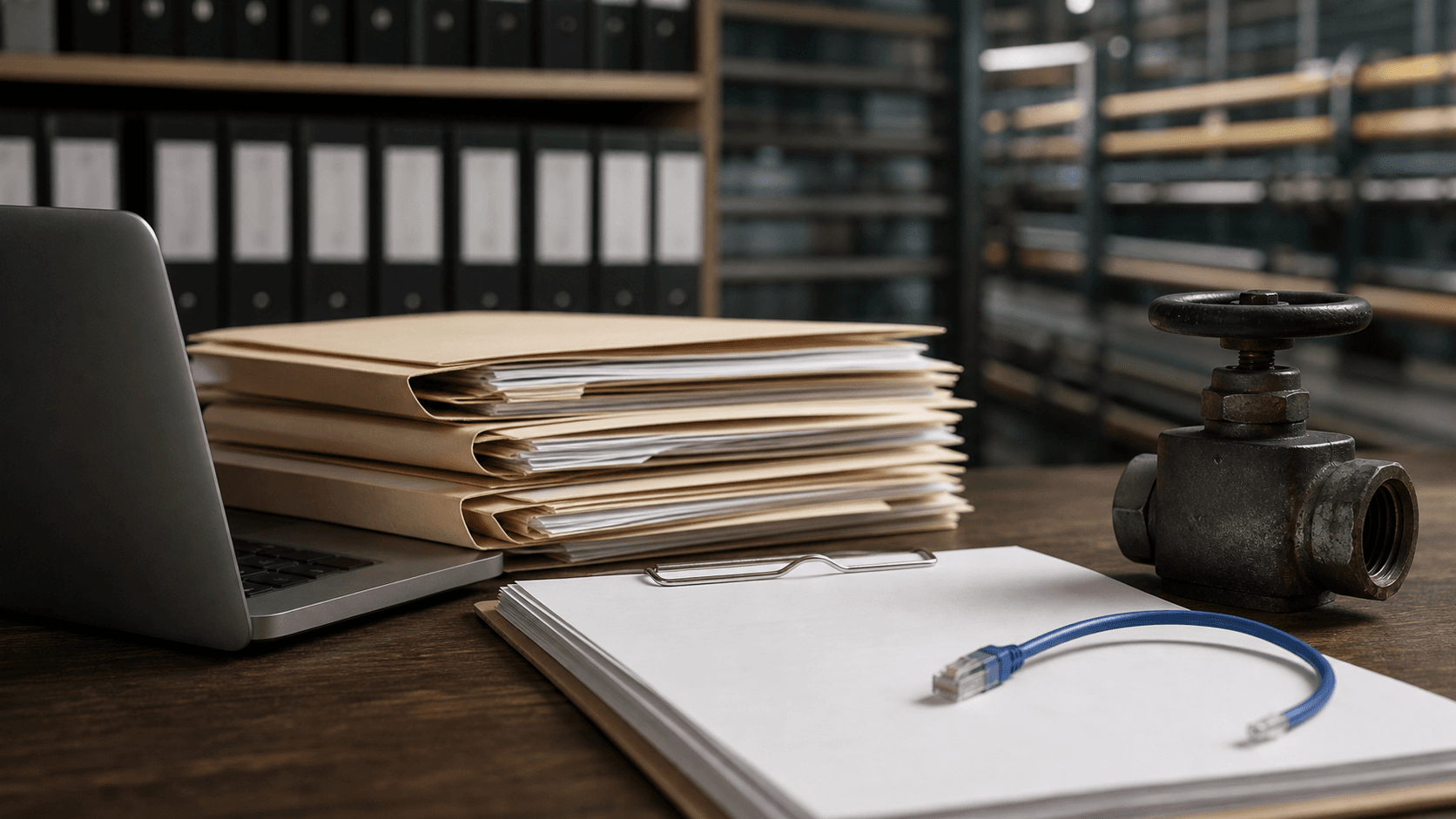 Editorial image of registry files, network cable and industrial valve record separation for Jayhawk Pipeline Corp.