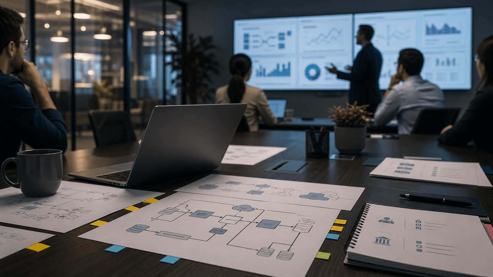 Editorial image of governed analytics delivery, workflow diagrams and blurred dashboard review for Analytics8.
