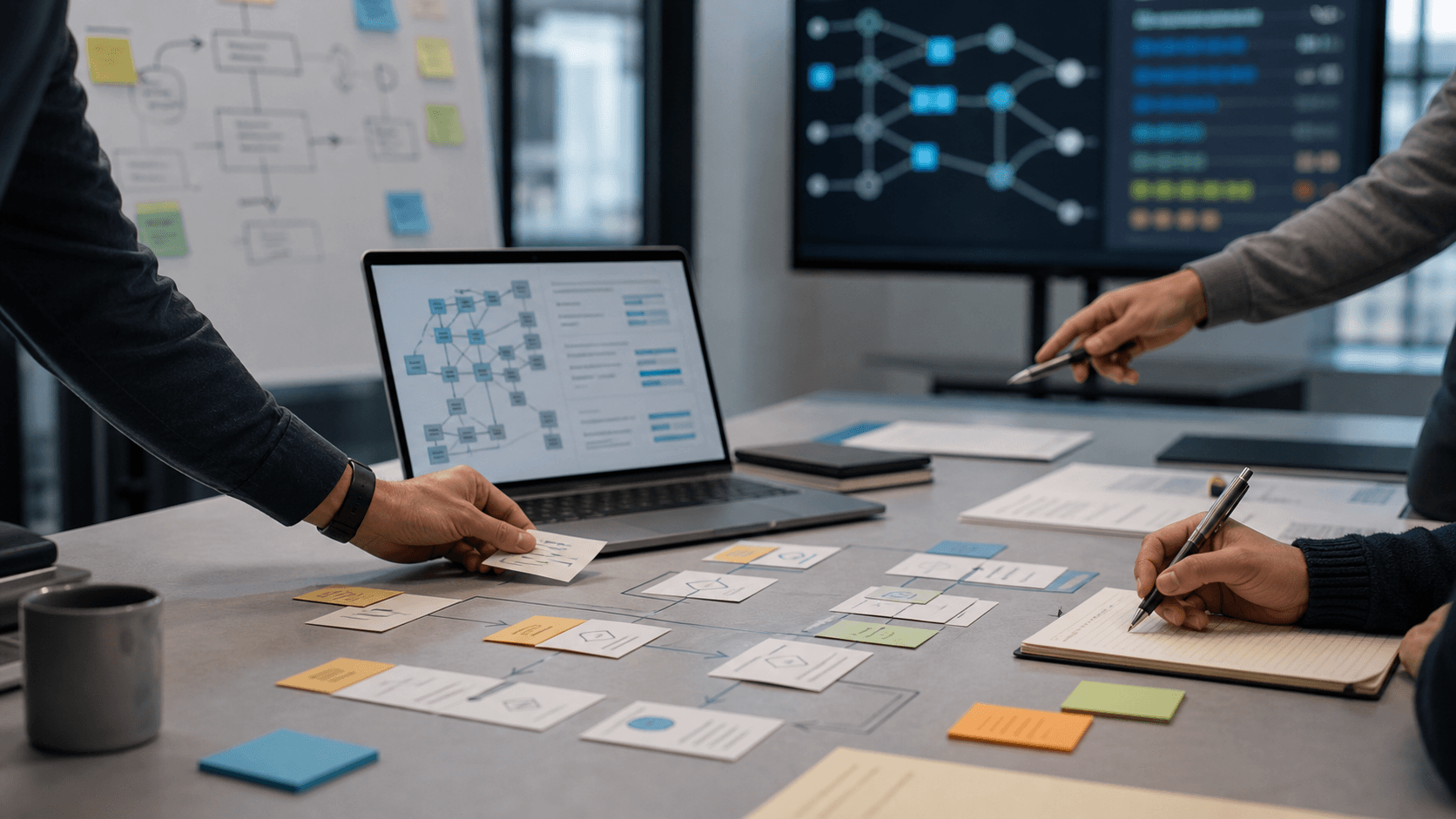 Editorial image of an analytics operations planning table with non-readable workflow cards and blurred data-flow screens.