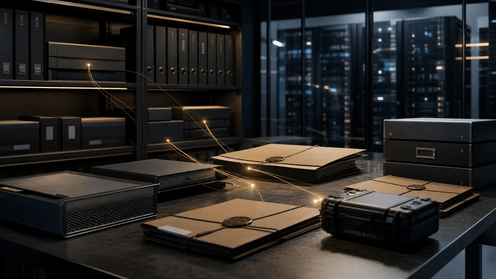 Editorial image of a secure legal-operations records room with sealed folders and abstract data paths.