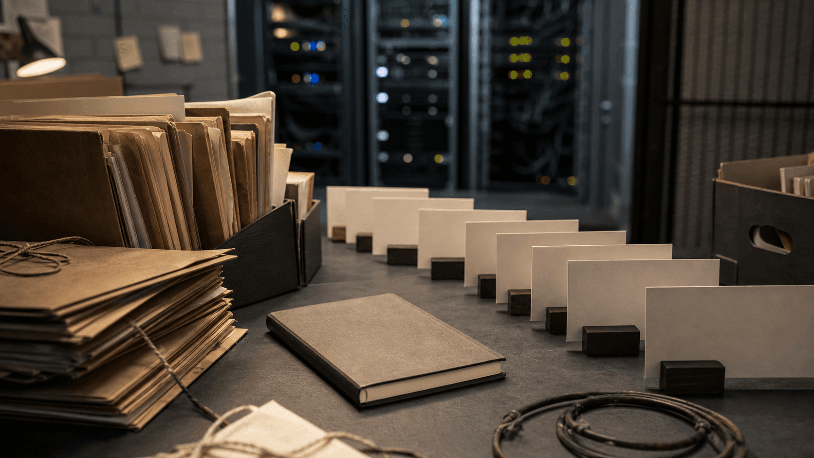 Editorial image of archival folders and blank access-review cards arranged near a softly lit server room.