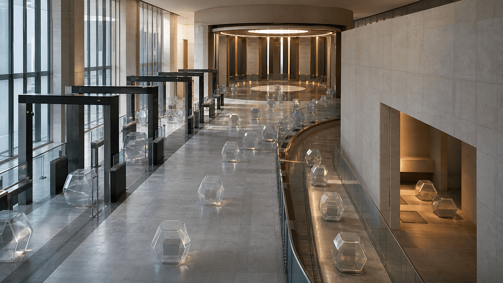 A broad civic passage narrows through several transparent verification gates, while a visible side route carries unresolved entries toward an independent review chamber.