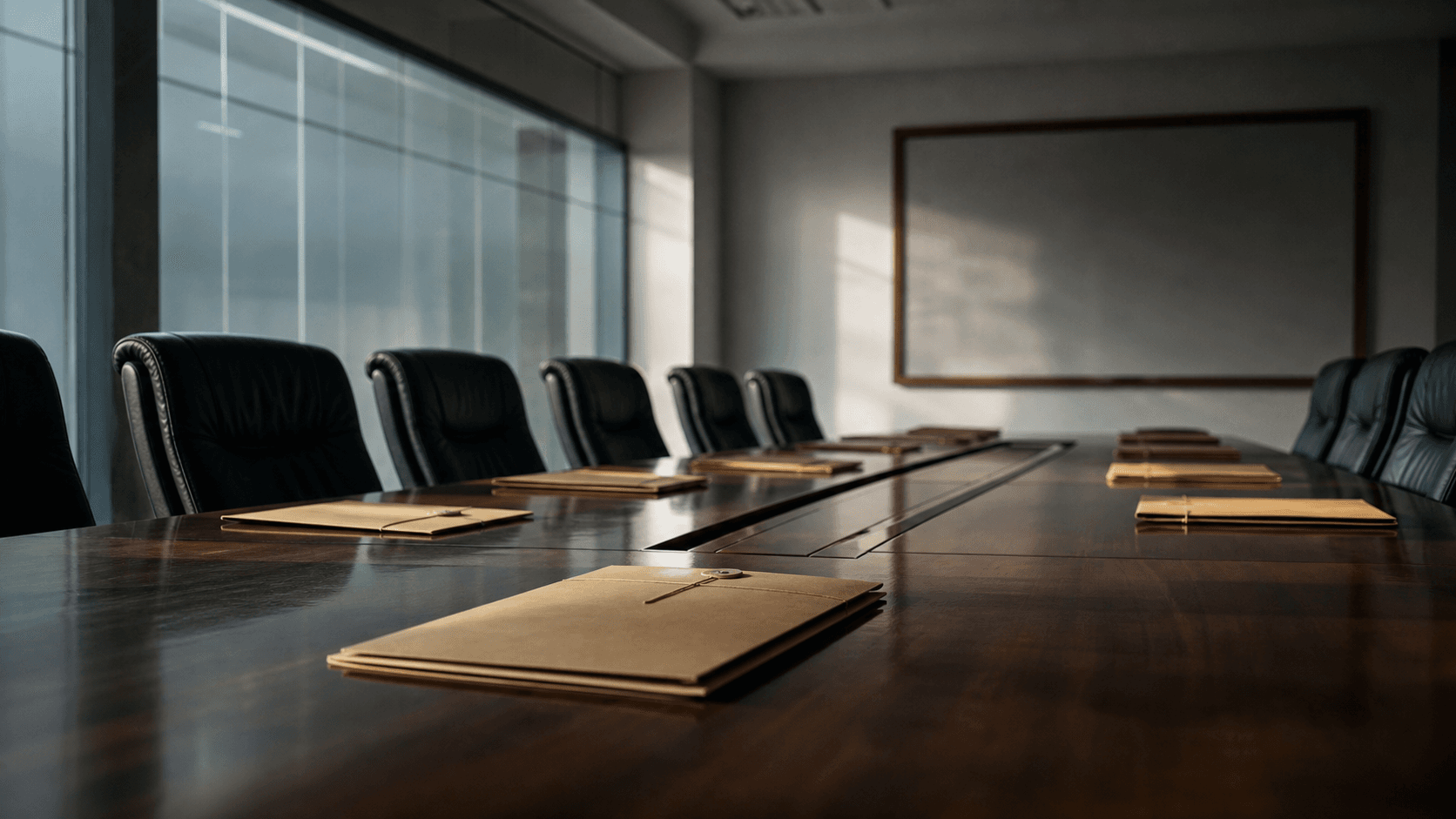 An empty institutional boardroom with sealed blank folders and a blank notice board, suggesting transparency without a functioning board.