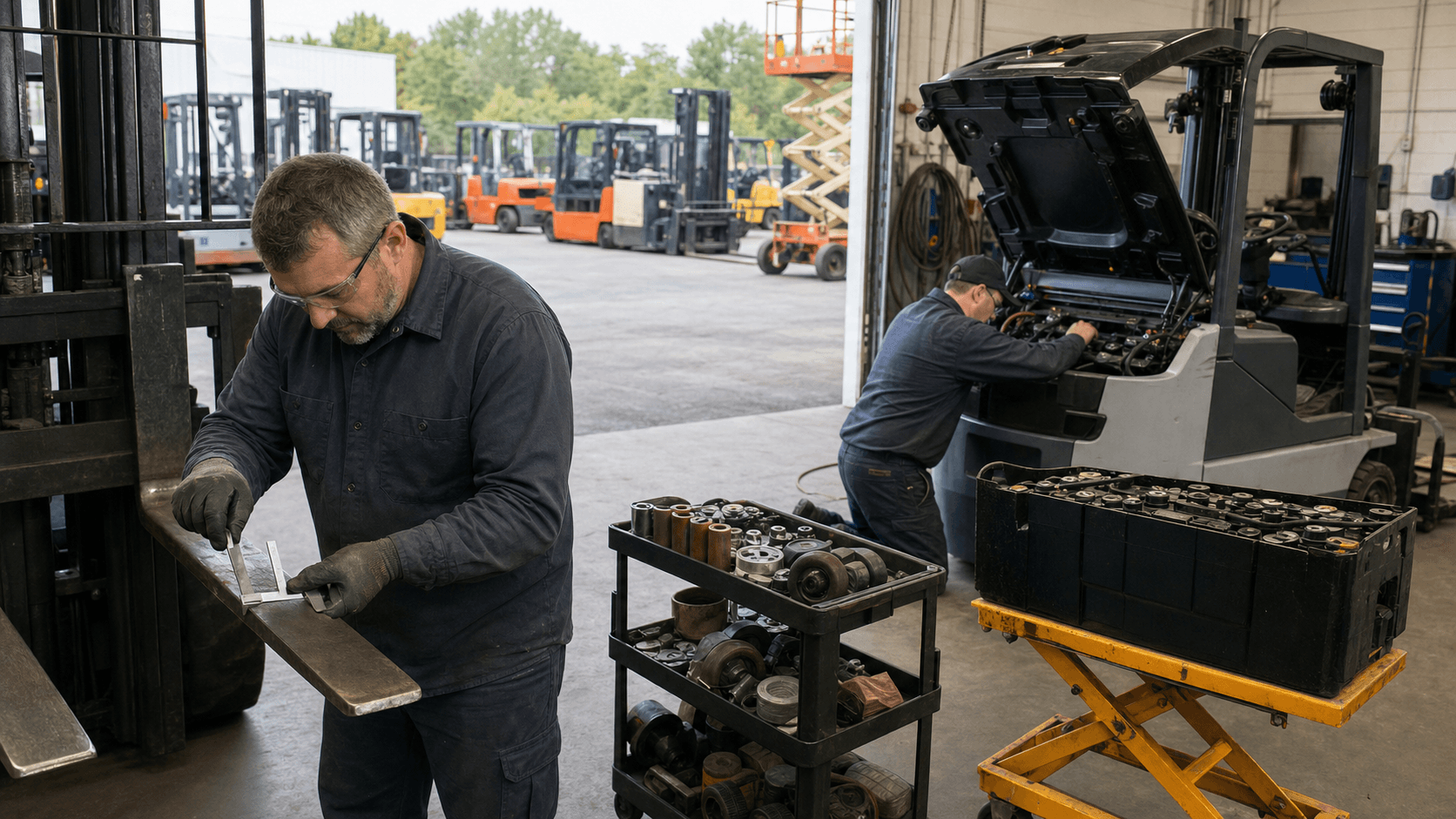 Editorial image of technicians inspecting forklift forks and an electric lift battery in a material-handling workshop.