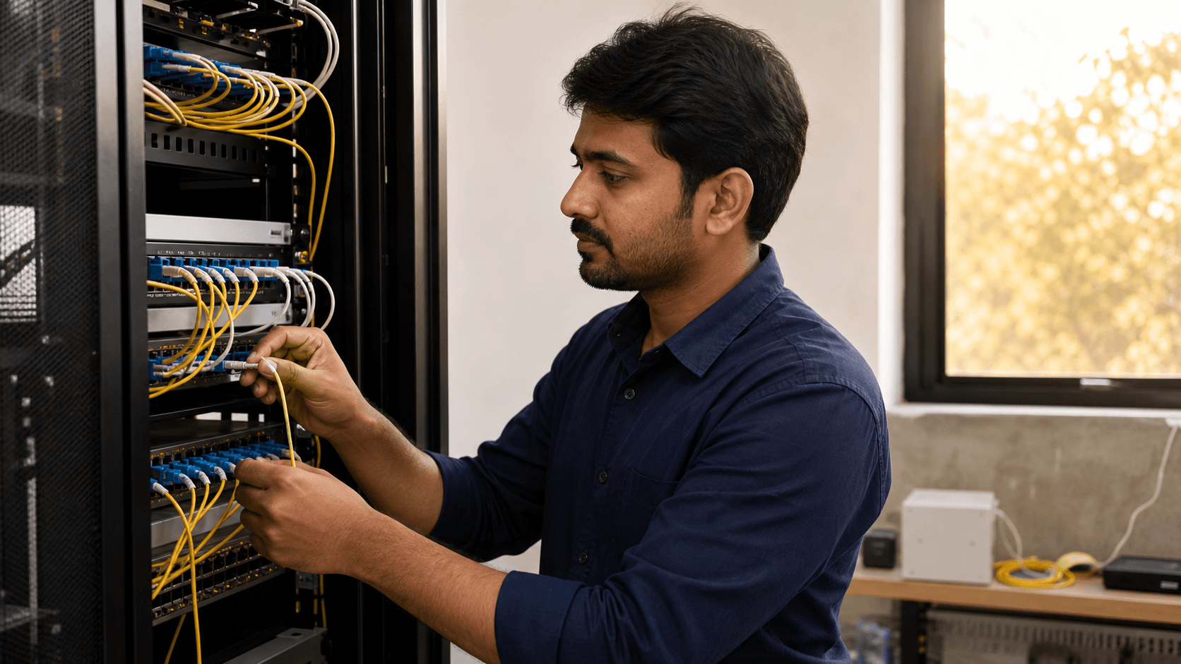 Editorial image of an Indian network engineer checking fibre connections in a small provider operations room.