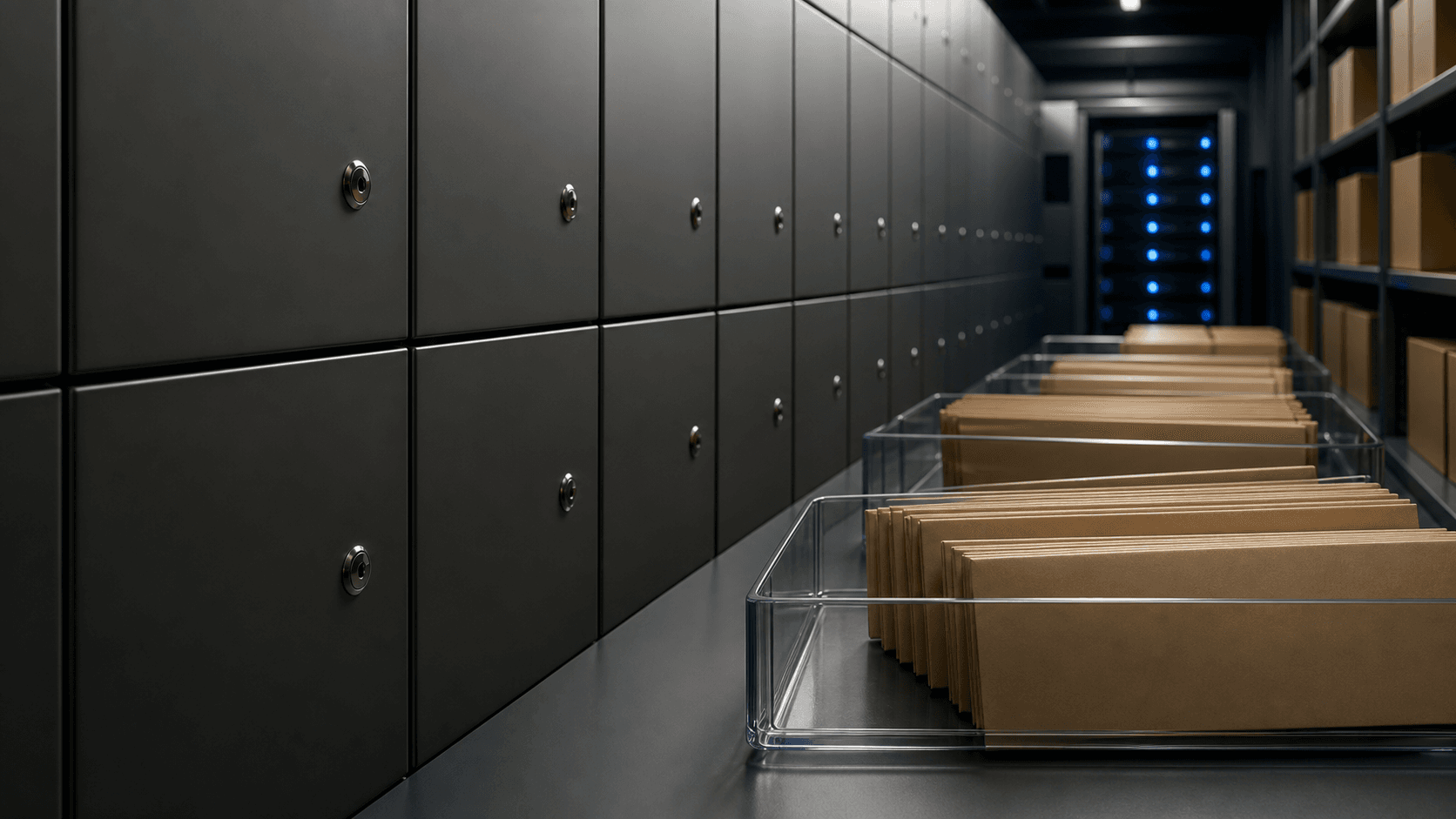 Smooth unlabeled compartments holding blank folders in a dark finance archive, suggesting restricted funds that cannot be freely spent.