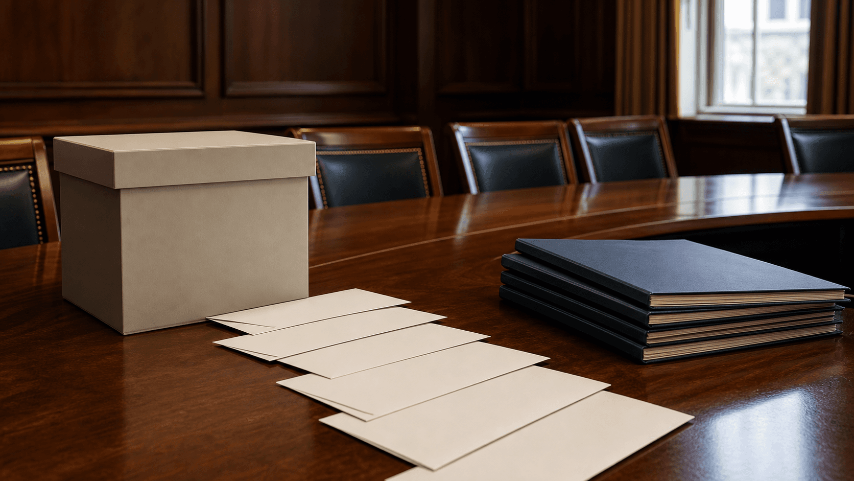 Blank refund envelopes laid out from an unmarked reserve box toward closed member folders in an empty committee room.