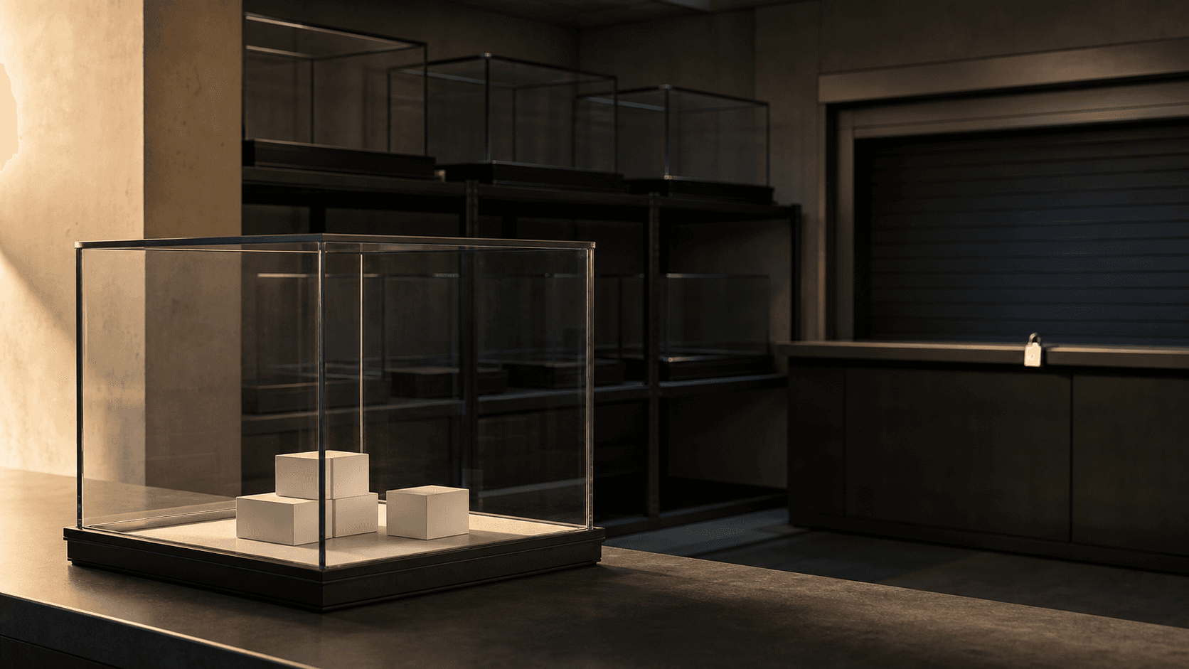 A small glass reserve case with a few blank white blocks in front of empty cases and a locked service counter in shadow.