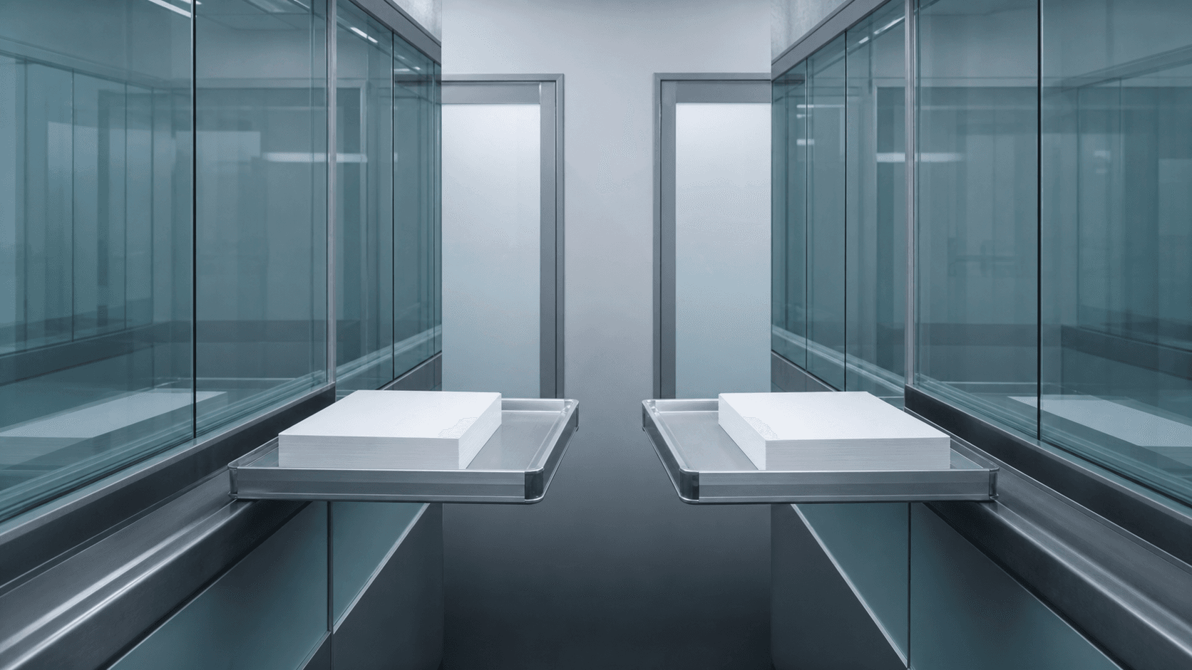 Two glass registry corridors hold blank block trays that stop at misaligned frosted doors, leaving a narrow gap between them.