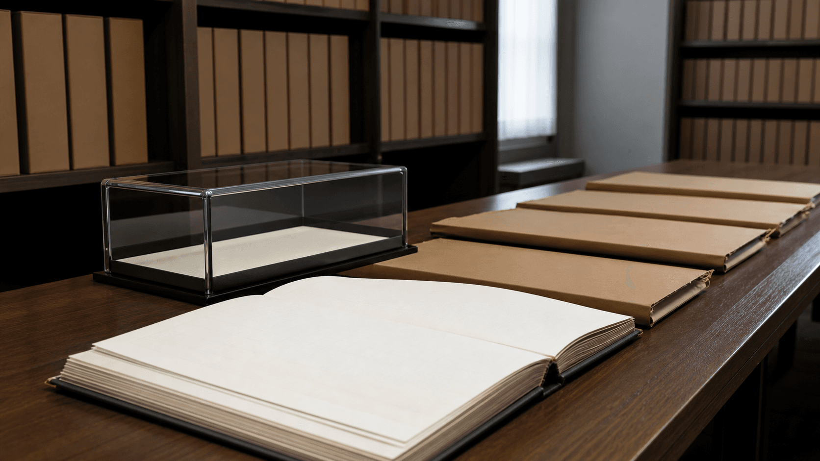 A blank open ledger, sealed blank transaction folders and an empty display case sit in a quiet registry records room.