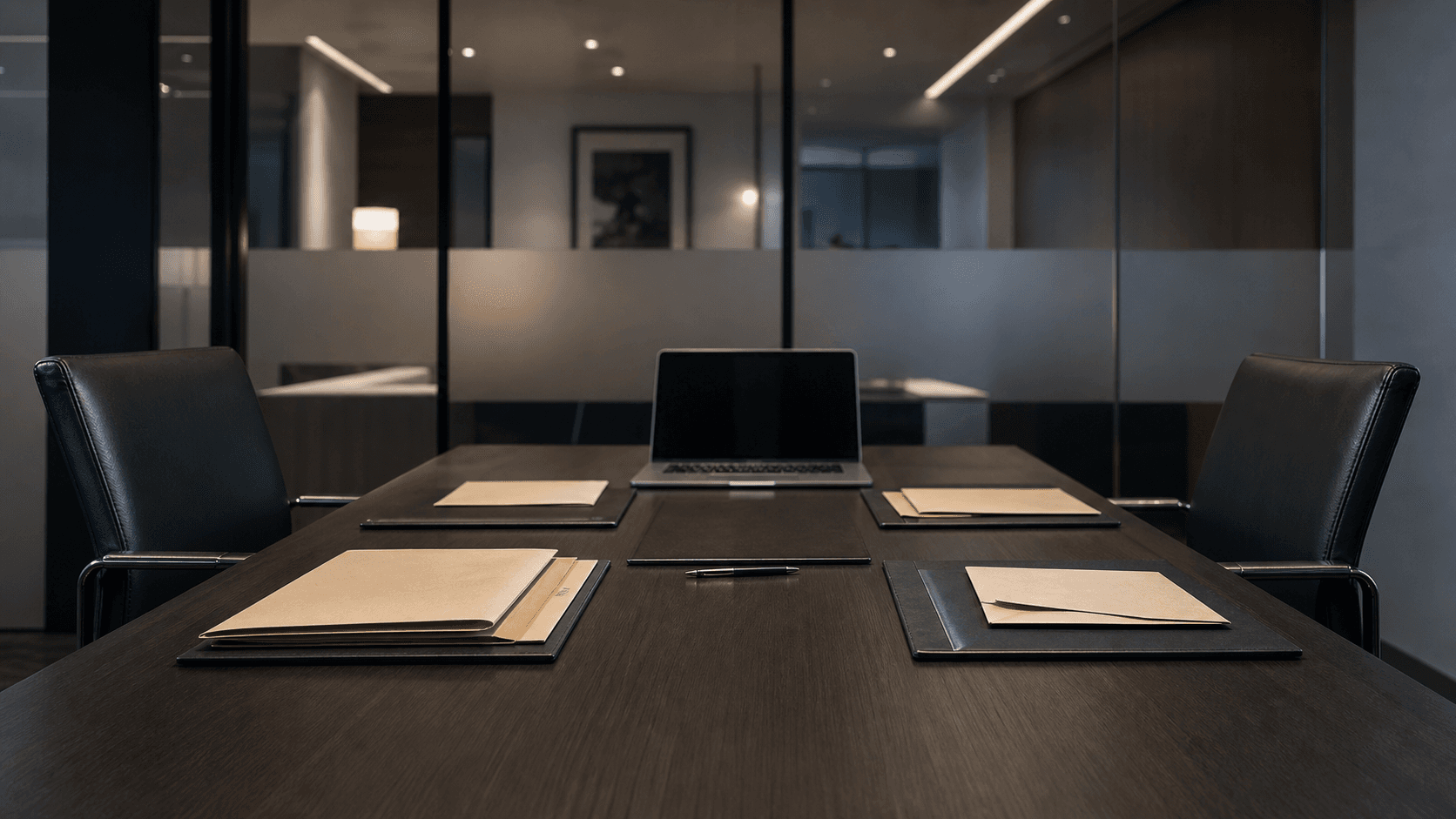 An empty unbranded negotiation table holds blank folders and a dark laptop behind a glass partition.