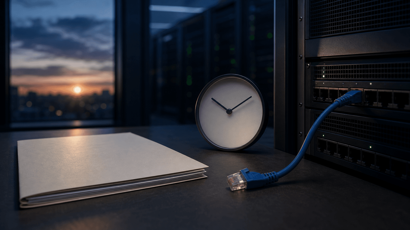Photorealistic pre-dawn network-operations still-life with a blank lease folder, unmarked analog clock and cable still present near server racks, representing route persistence after lease expiry.
