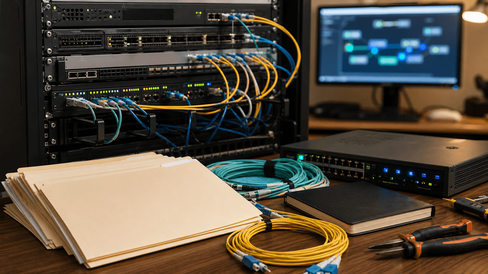 Editorial image of Turkish internet-service records, network racks and support files for Ozbay Bilisim coverage.