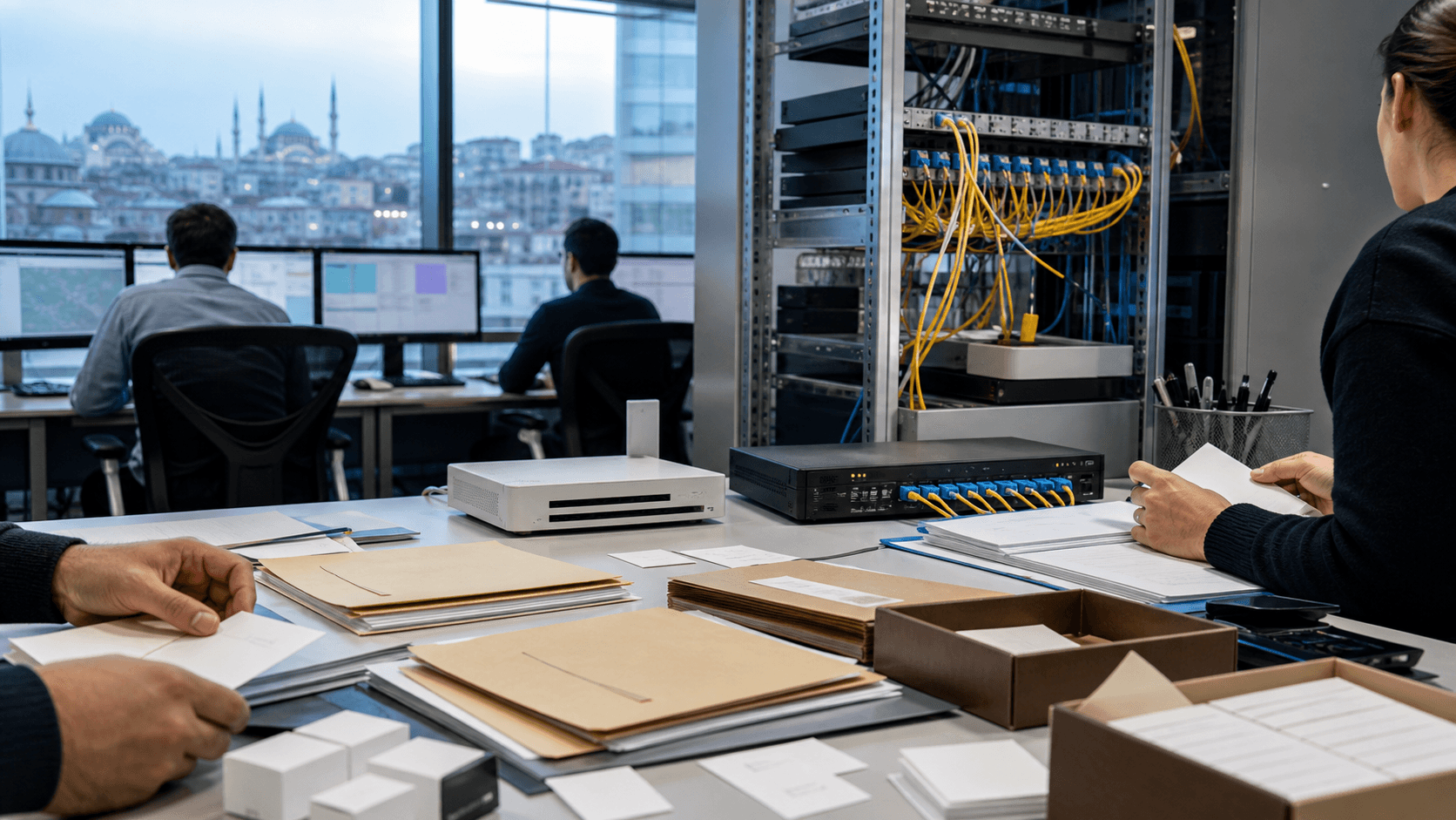 Editorial image of Turkish communications-service records connecting customer handoffs, payment channels, support work and routing-resource operations without logos or readable text.