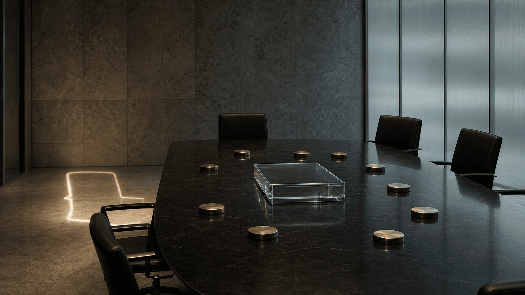 Photorealistic empty governance table with a light outline of a missing chair, a clear operations block and blank responsibility tokens, representing the vanished IANA counterparty.