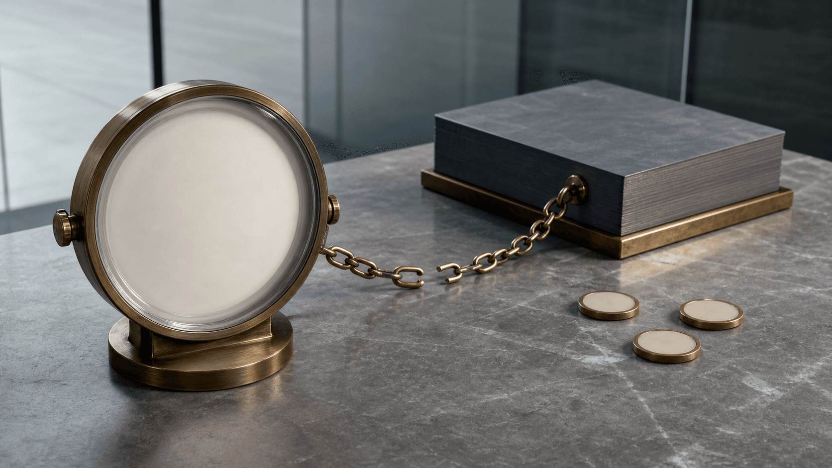 Photorealistic blank service-level meter connected by a broken brass link to an unmarked operations ledger, representing measurement without strong enforcement.