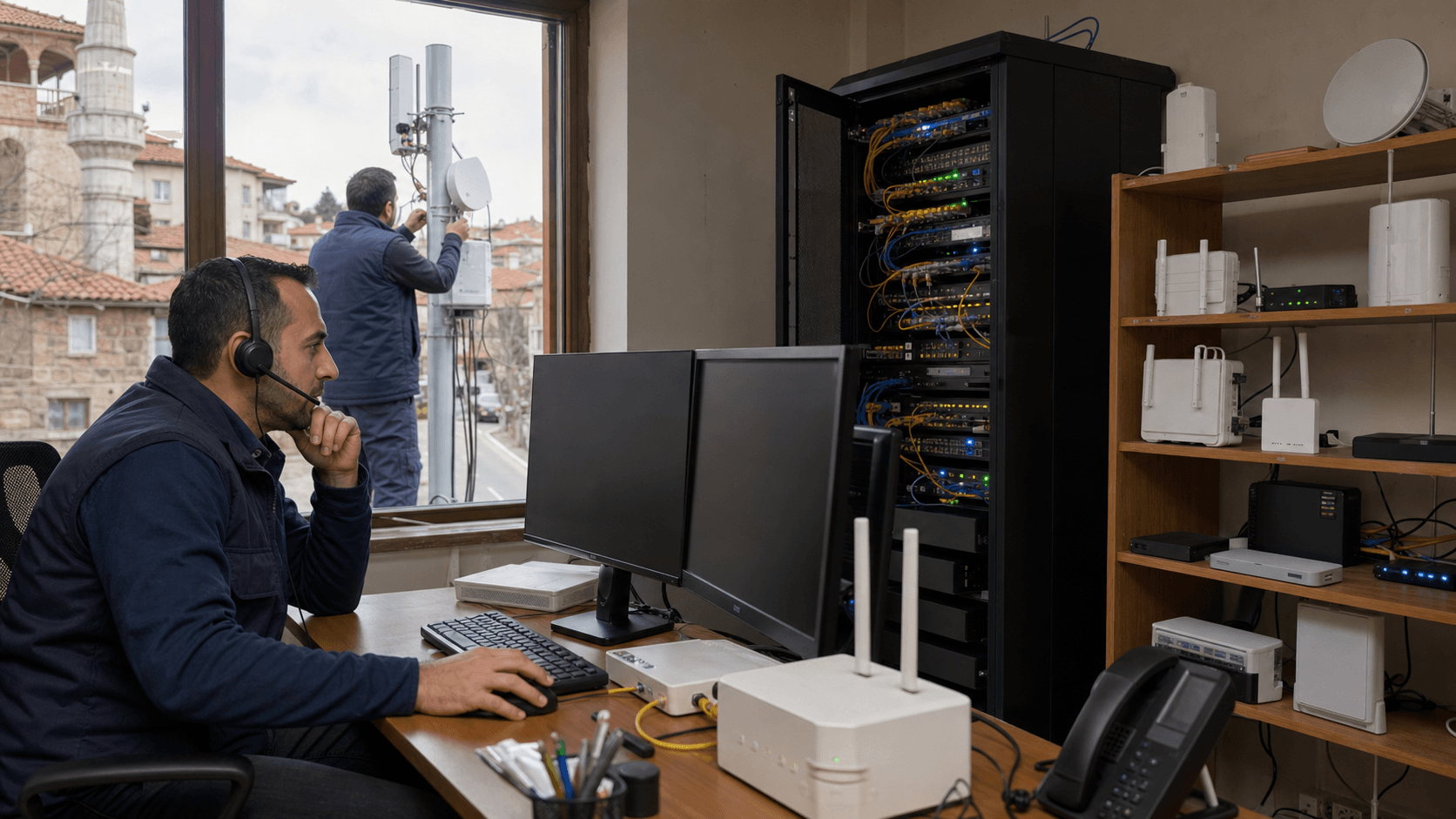 Editorial image of a Turkish regional internet service operation with support staff, customer equipment and network routing cues.