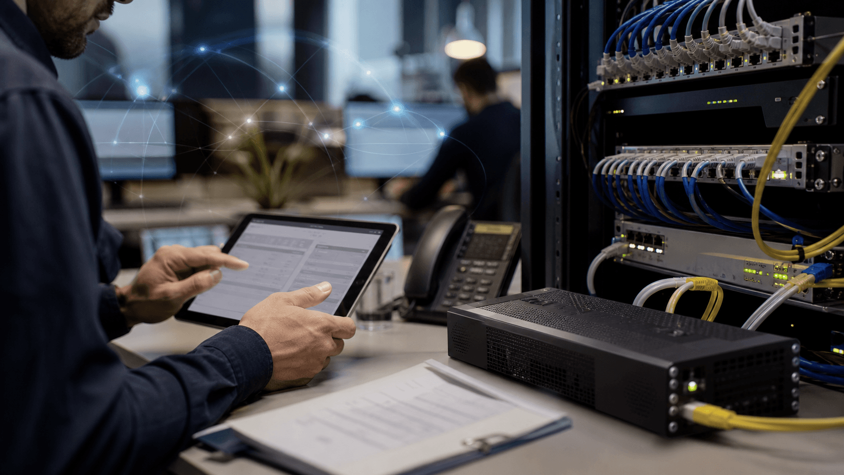 A technician reviews service records beside patch panels and routing equipment in a modest network operations workspace.