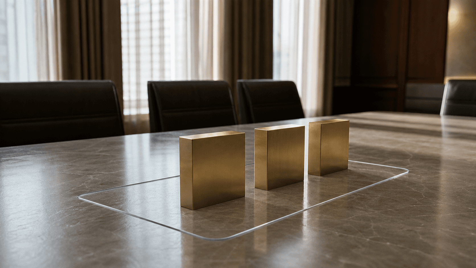 Photorealistic empty boardroom table with a narrow glass boundary line around blank brass blocks, suggesting institutional restraint after a major transition.