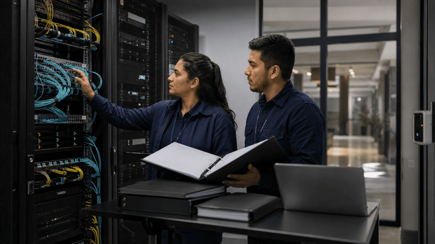Two support engineers review fiber and rack equipment in a Guatemalan data-center operations room.