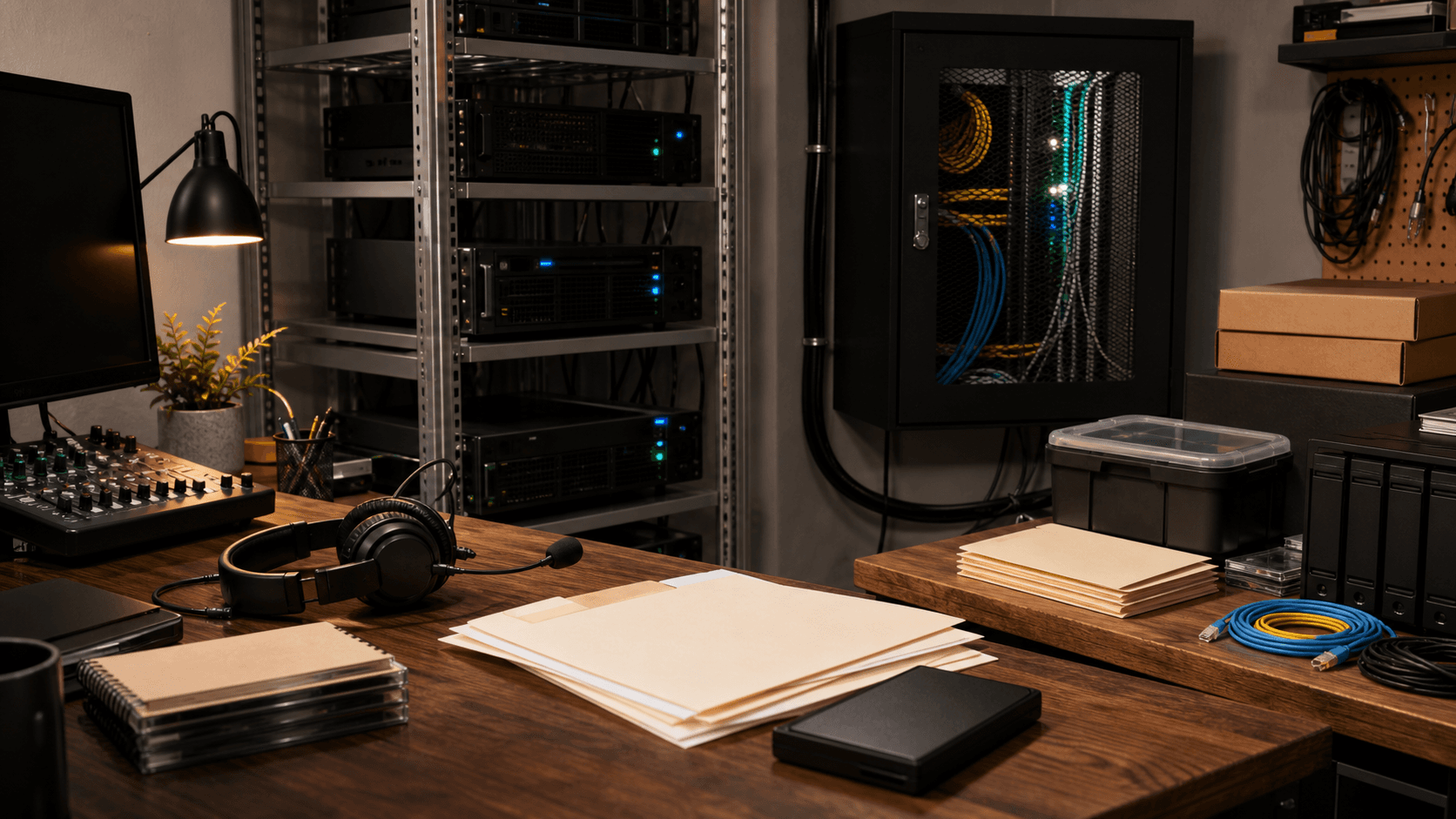 Compact community-server operations workspace with headset, backup media, blank folders, server rack and locked hosting cabinet.