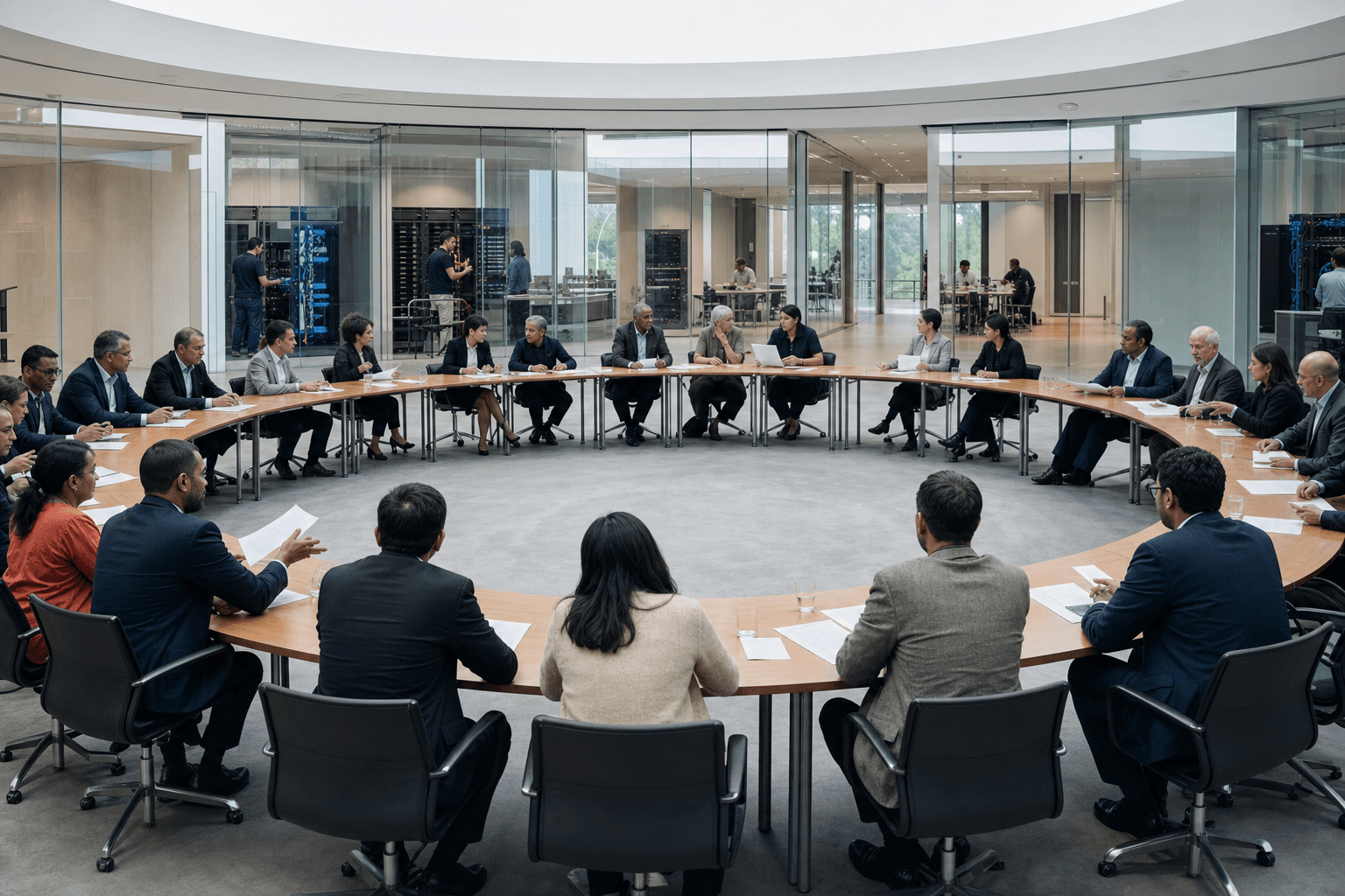 Photorealistic global policy forum in an open circular hall where diverse participants exchange evidence while secure technical operations continue in separate rooms beyond transparent walls.