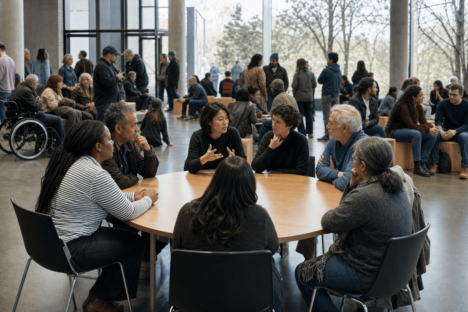 Photorealistic editorial scene of a self-organized roundtable in an open civic hall, with a broad and varied public visible beyond the central discussion circle but not symbolically represented by it.