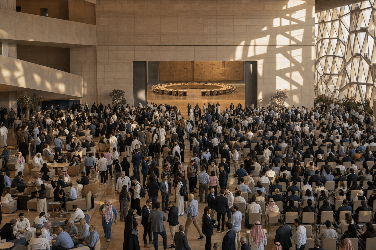Photorealistic editorial view of a vast international forum crowd entering a bright civic hall while a small unoccupied decision table remains visibly separate in the distance.
