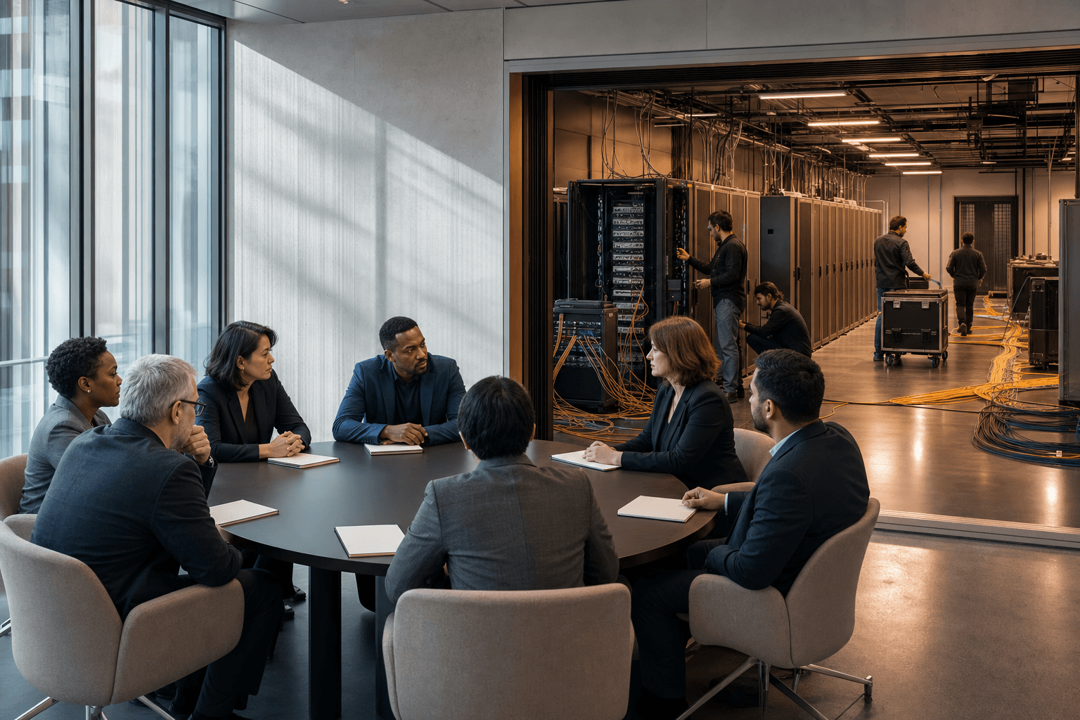 Photorealistic editorial scene with a diplomatic roundtable in one room and a separate adjacent network operations space connected by visible fiber pathways but not a command console.