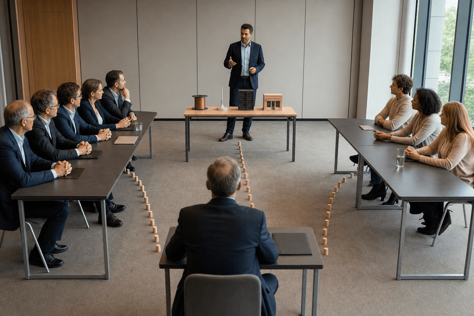 Photorealistic editorial scene of a business delegate presenting evidence to several distinct operator and user groups rather than standing before a single unified constituency.