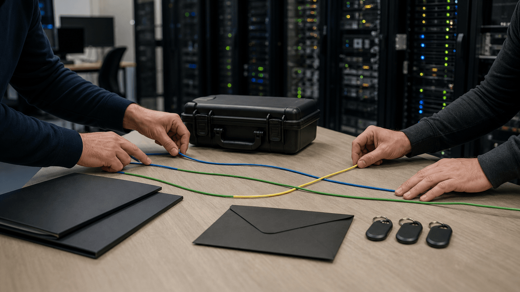 Dutch network handover desk with technicians tracing separate cables between racks, recovery case, access tokens and sealed records.