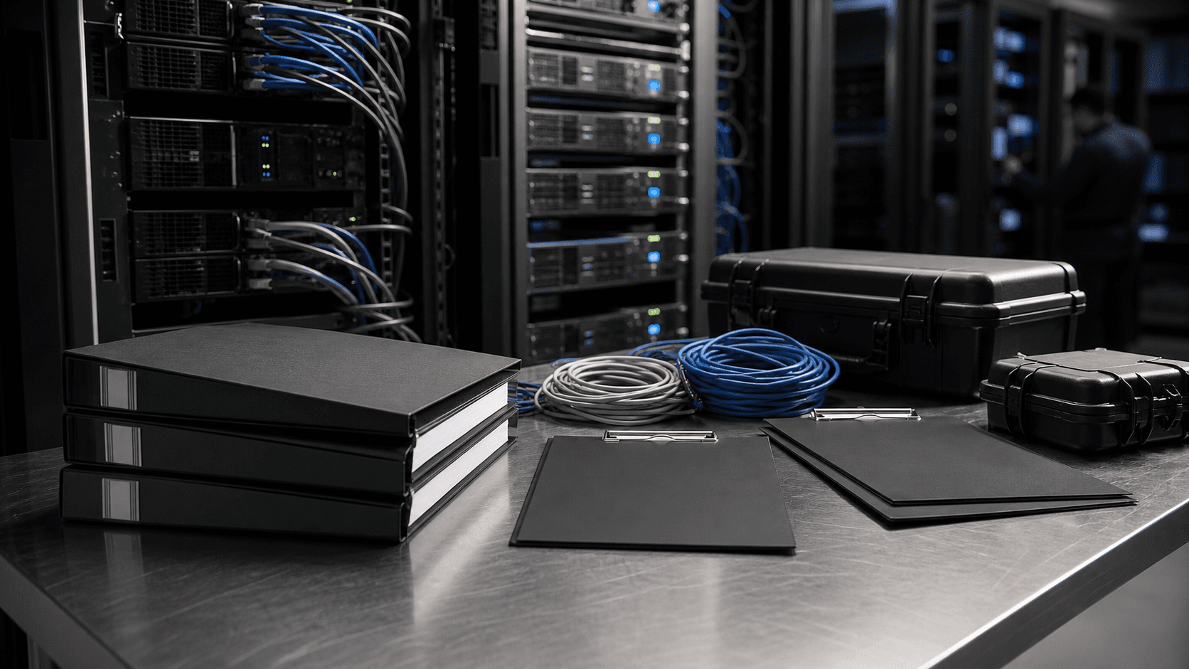 Unbranded cloud infrastructure workbench with blank binders, closed clipboards and rack hardware for Cloudzy coverage.