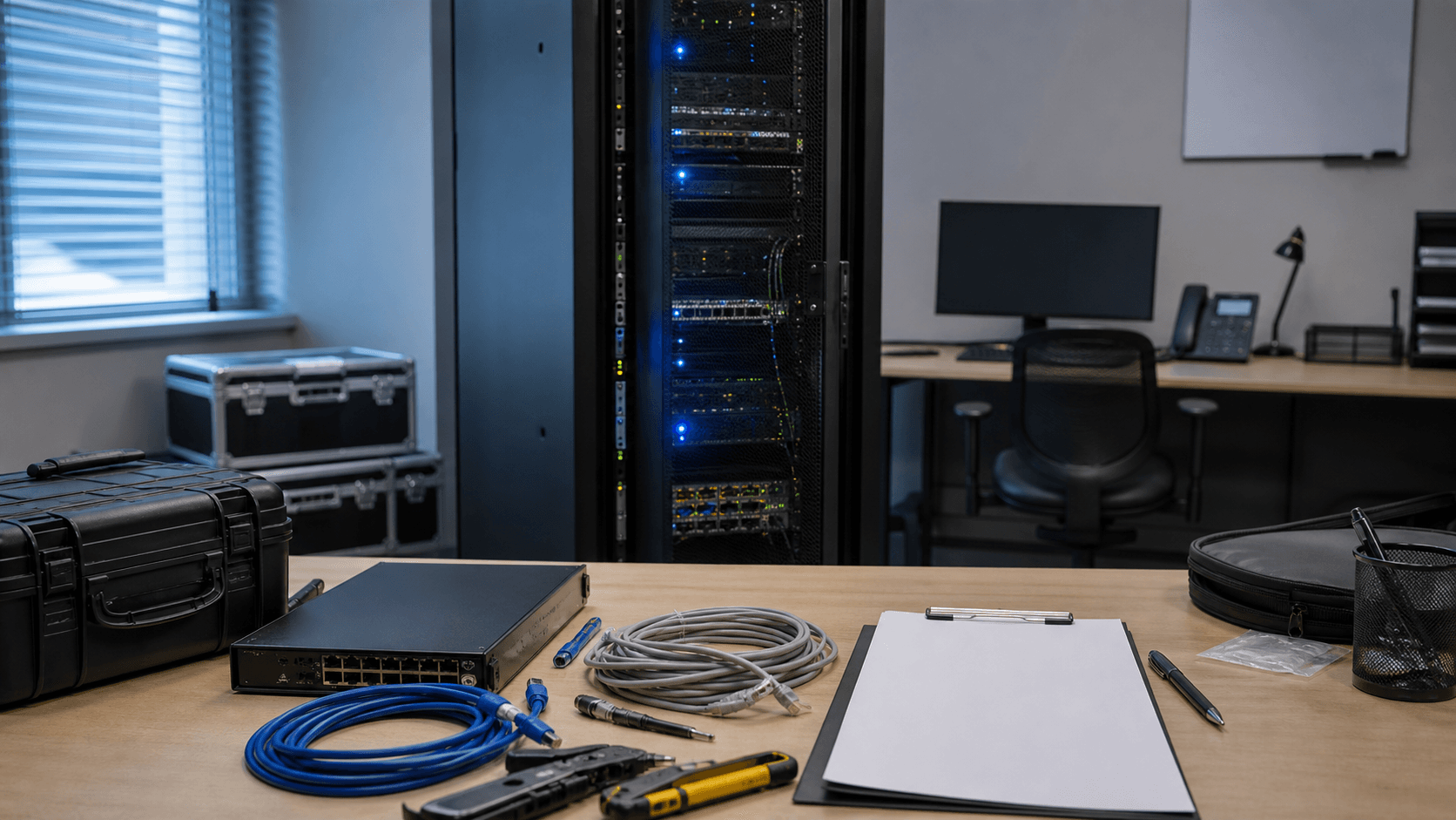 Unbranded cloud operations workbench with server rack, cables, and blank support records