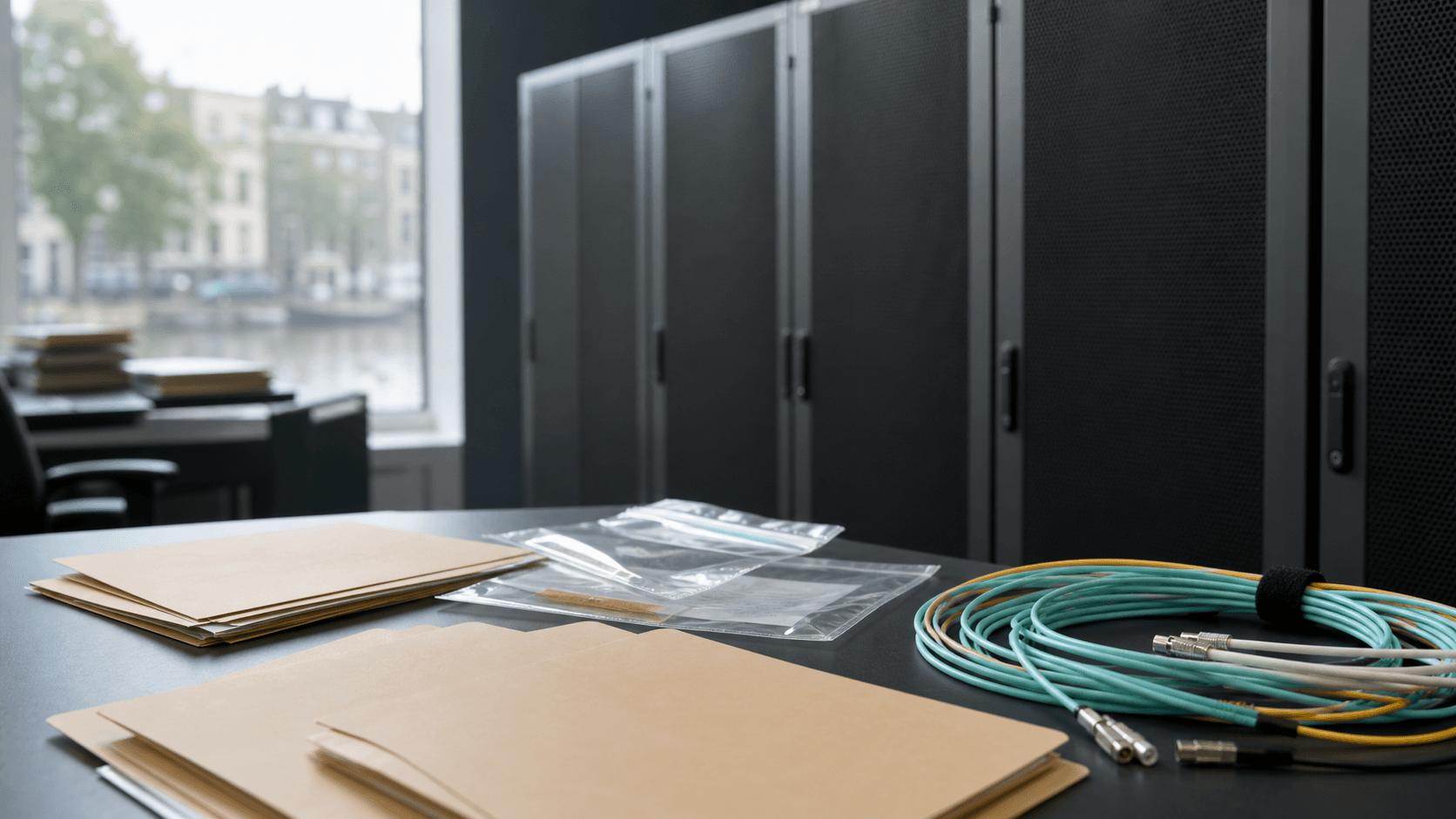 Editorial image of a Dutch cloud-service review desk with blank binders and unbranded infrastructure for Romacloud.