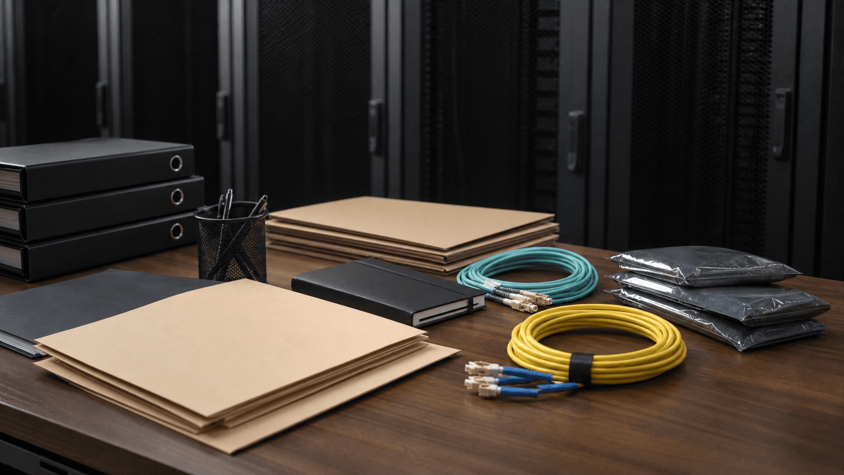 Editorial image of blank hosting records and sealed cables for VoltHosting review.