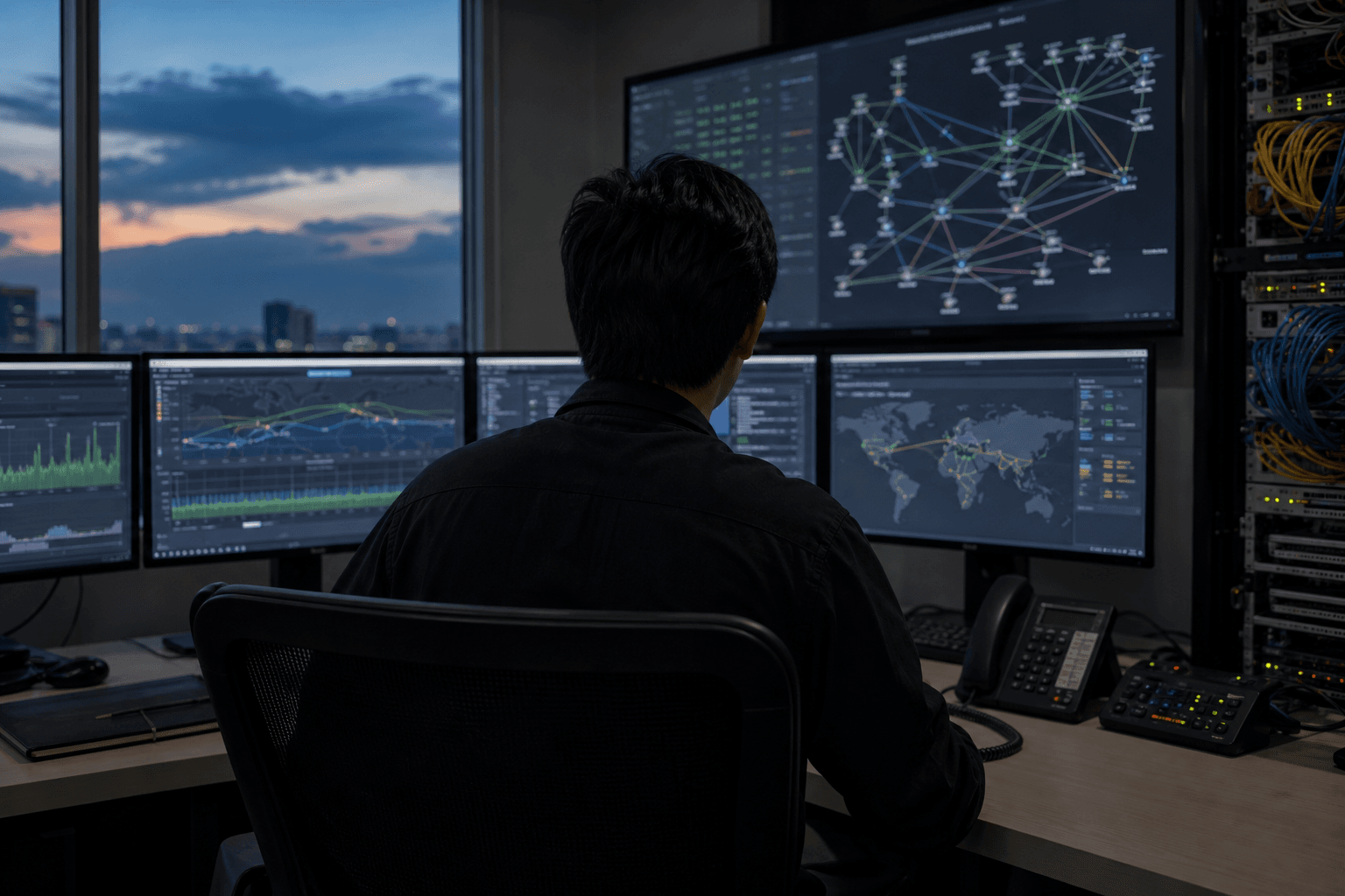 Contextual image of a research-network operations desk in Thailand, with a network engineer seen from behind reviewing routing and interconnection dashboards.