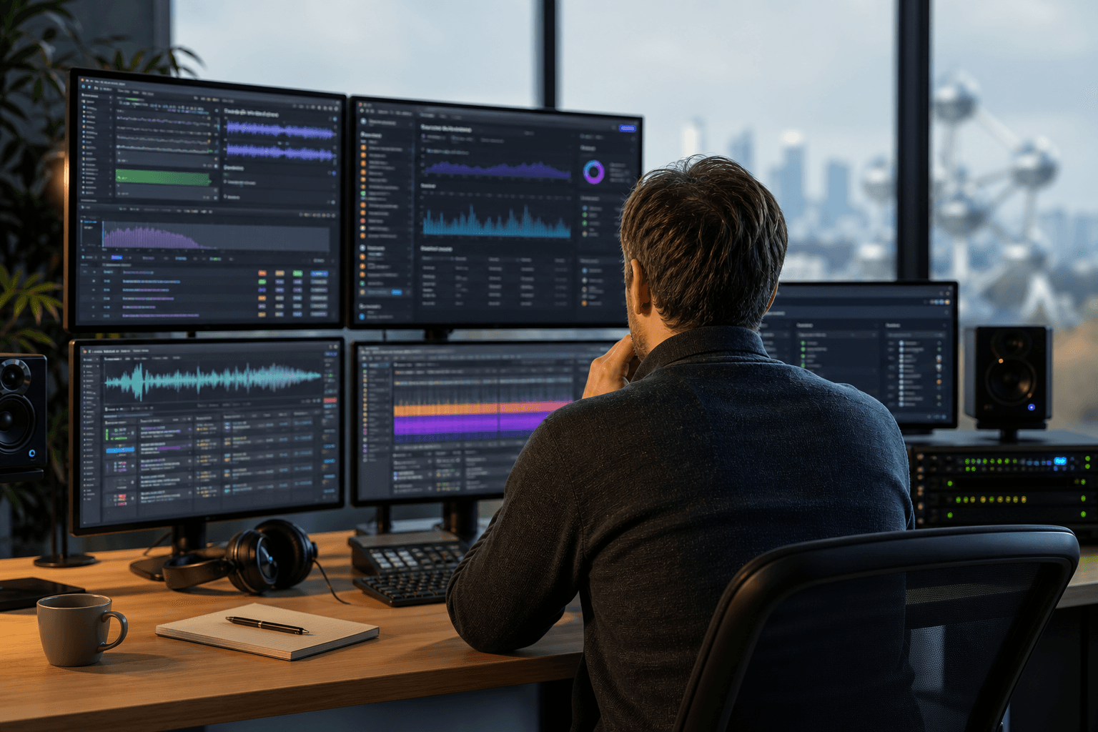 Contextual image of an audio-software operations desk, with a technical executive seen from behind reviewing streaming, waveform and rights-management dashboards.