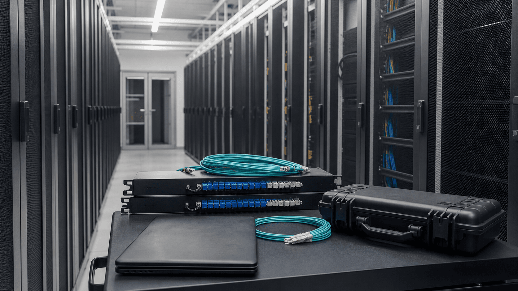 Editorial technology photograph of unbranded hosting operations equipment and fiber cables for VERYCLOUD SAS.