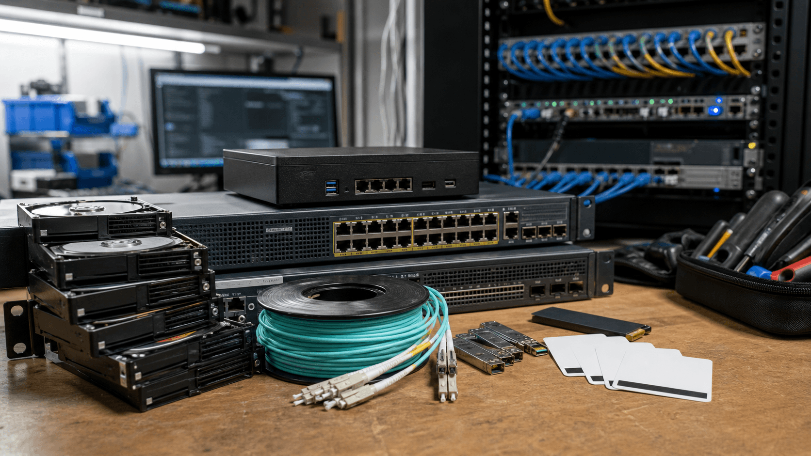 IT service workshop with network switches, storage drives and fiber cables for Computer Service LLC coverage.