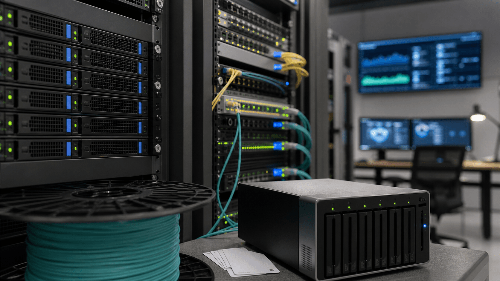 Cloud infrastructure room with rack servers, fiber spool and storage appliance for CorpIT Cloud Infrastructure coverage.
