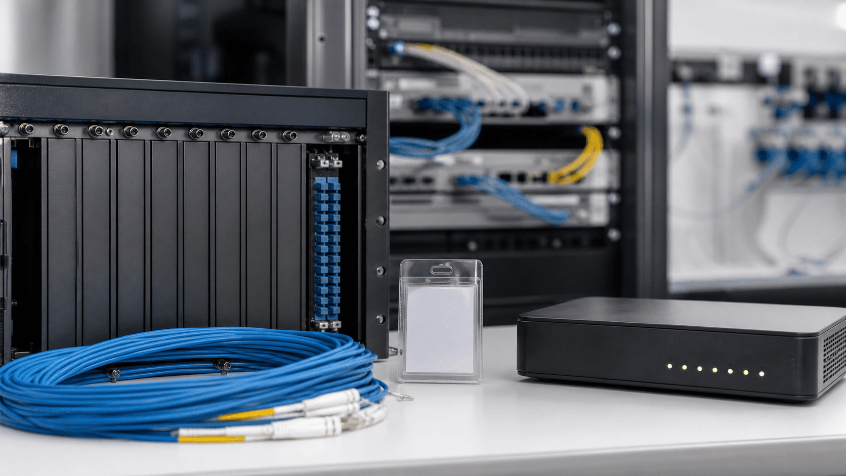 Network operations bench with unbranded infrastructure equipment and support evidence for Blue Cloud Networks Limited coverage.