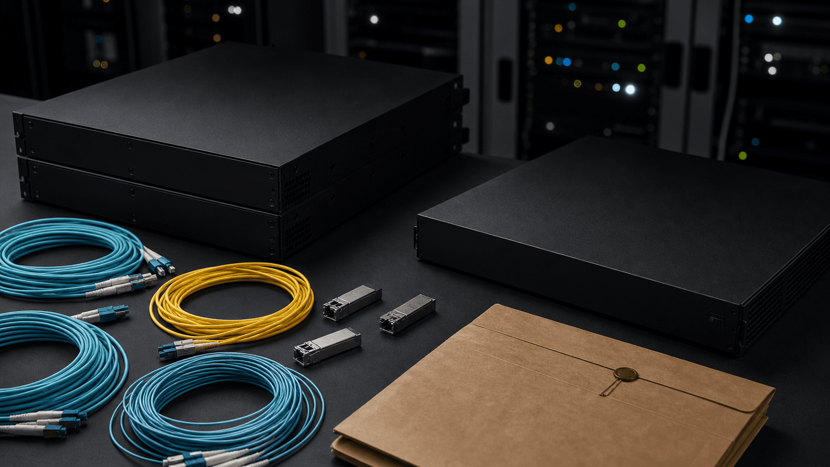 Unbranded regional network operations bench with router hardware, fiber coils, and blank evidence cards for F1 Solutions.