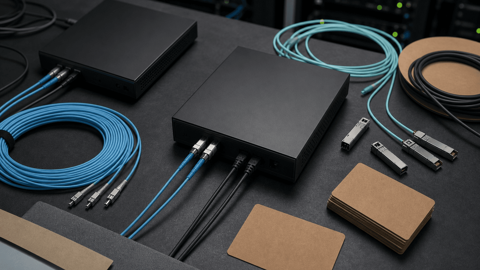 Fiber, rack hardware, and a blank operating map surface representing O3 Cloud network-footprint verification.